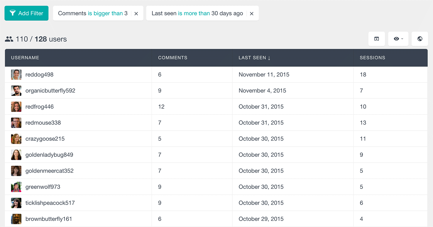 users insights filter wordpress users by number of comments