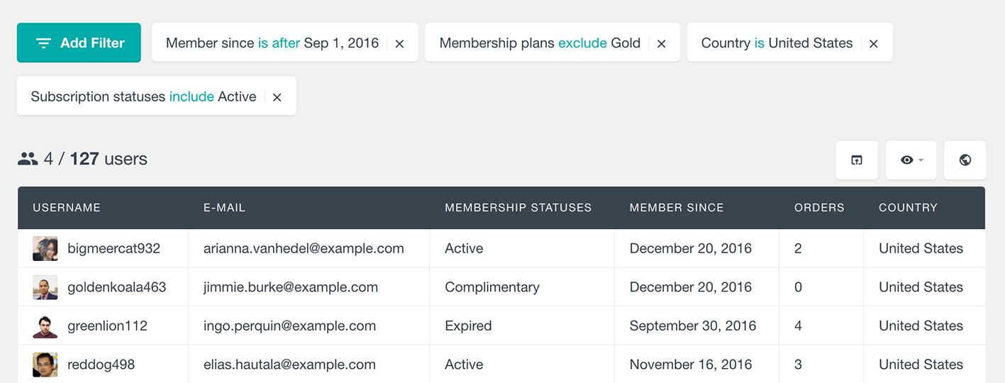 filter WooCommerce members by membership subscription and country