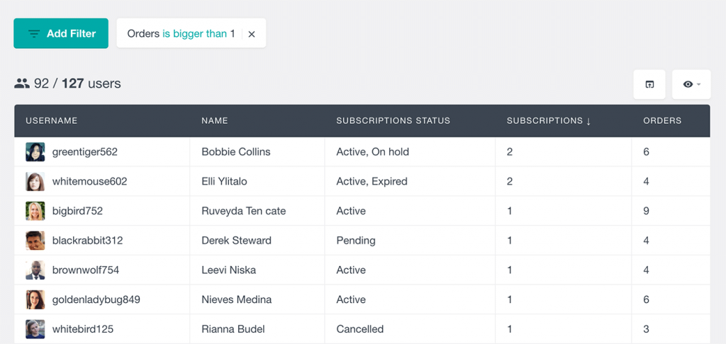 WooCommerce Subscriptions – Search And Filter User Data - Users Insights