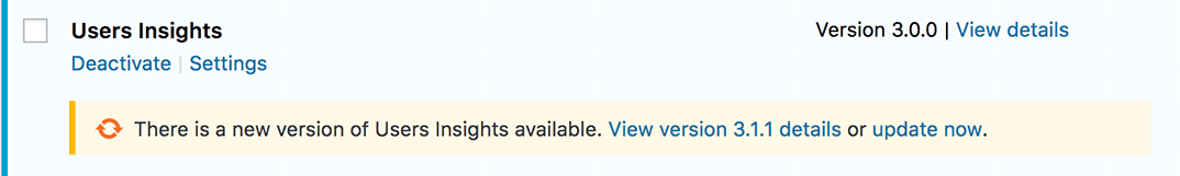 Notification to update the Users Insights WordPress plugin