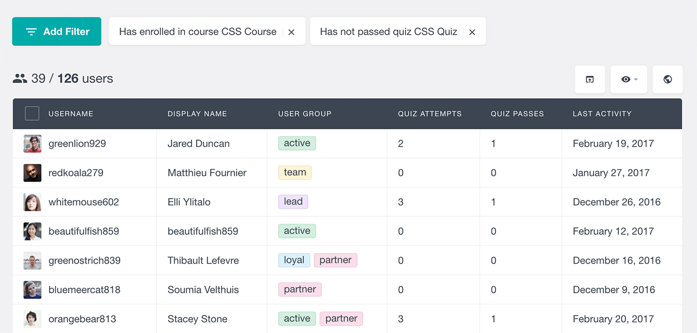 Filter LearnDash users who have not passed a quiz