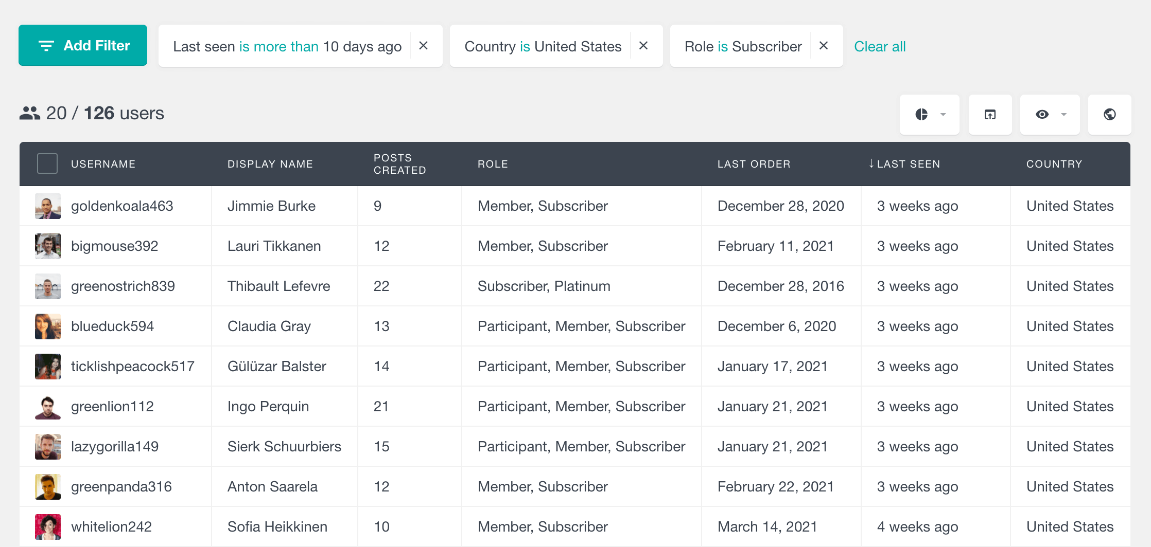 Subscribers from USA not logged in more than 10 days ago