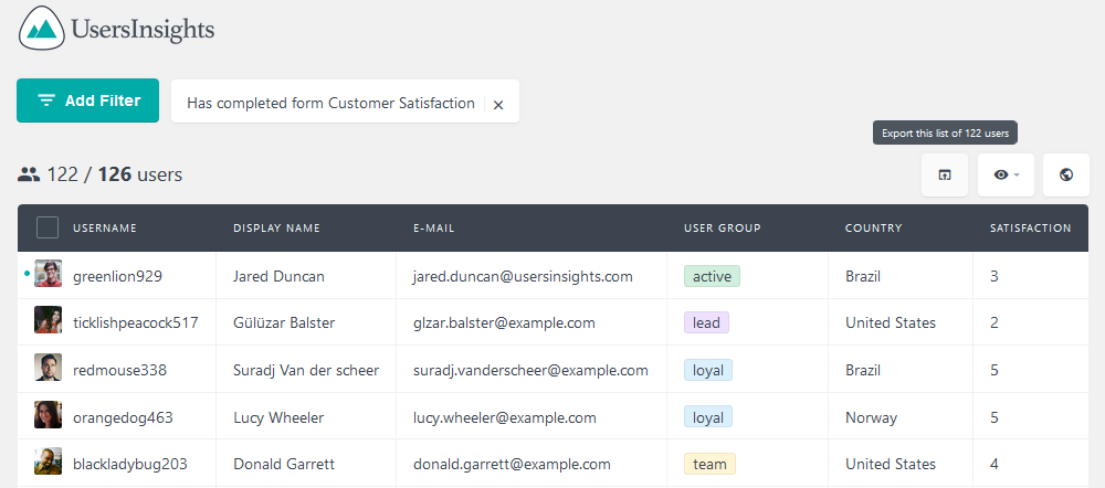 Export users with country and satisfaction ratings