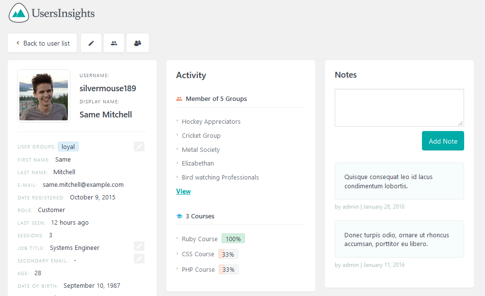 Detailed information in the User Insights user profile