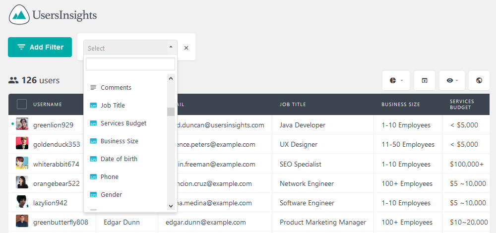 All custom fields ready to be searched and used in columns