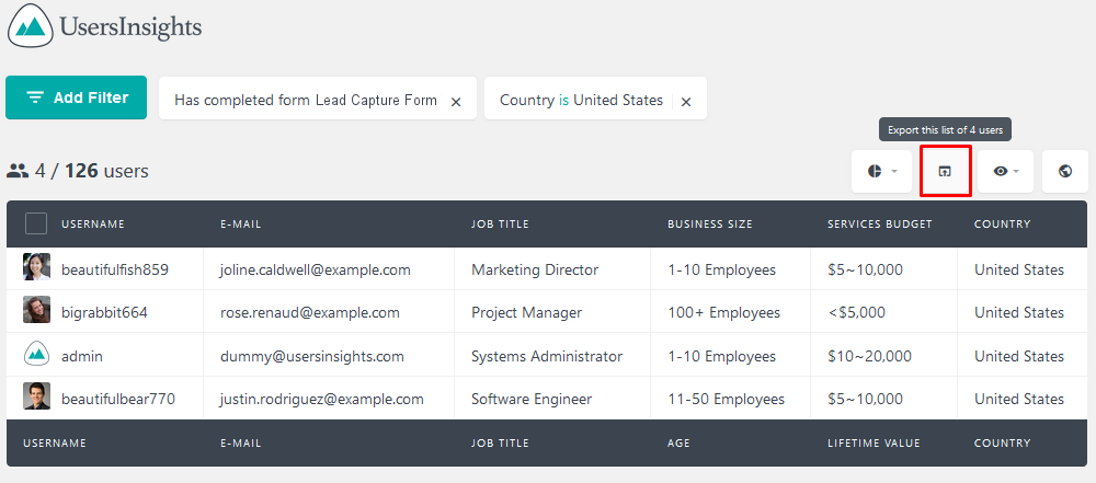 Exporting users who have filled the lead capture form