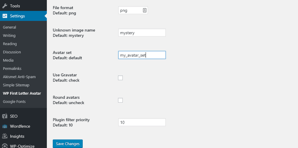 WP First Letter Avatar settings