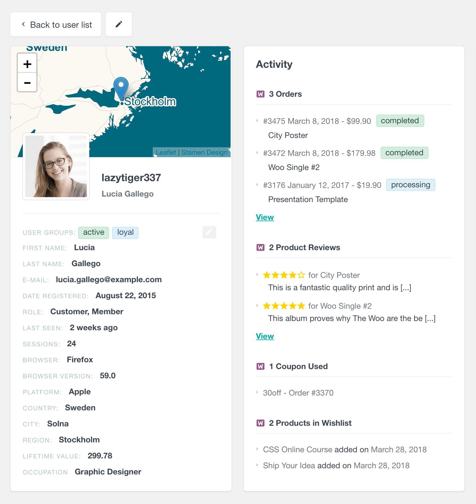 WooCommerce customer profile