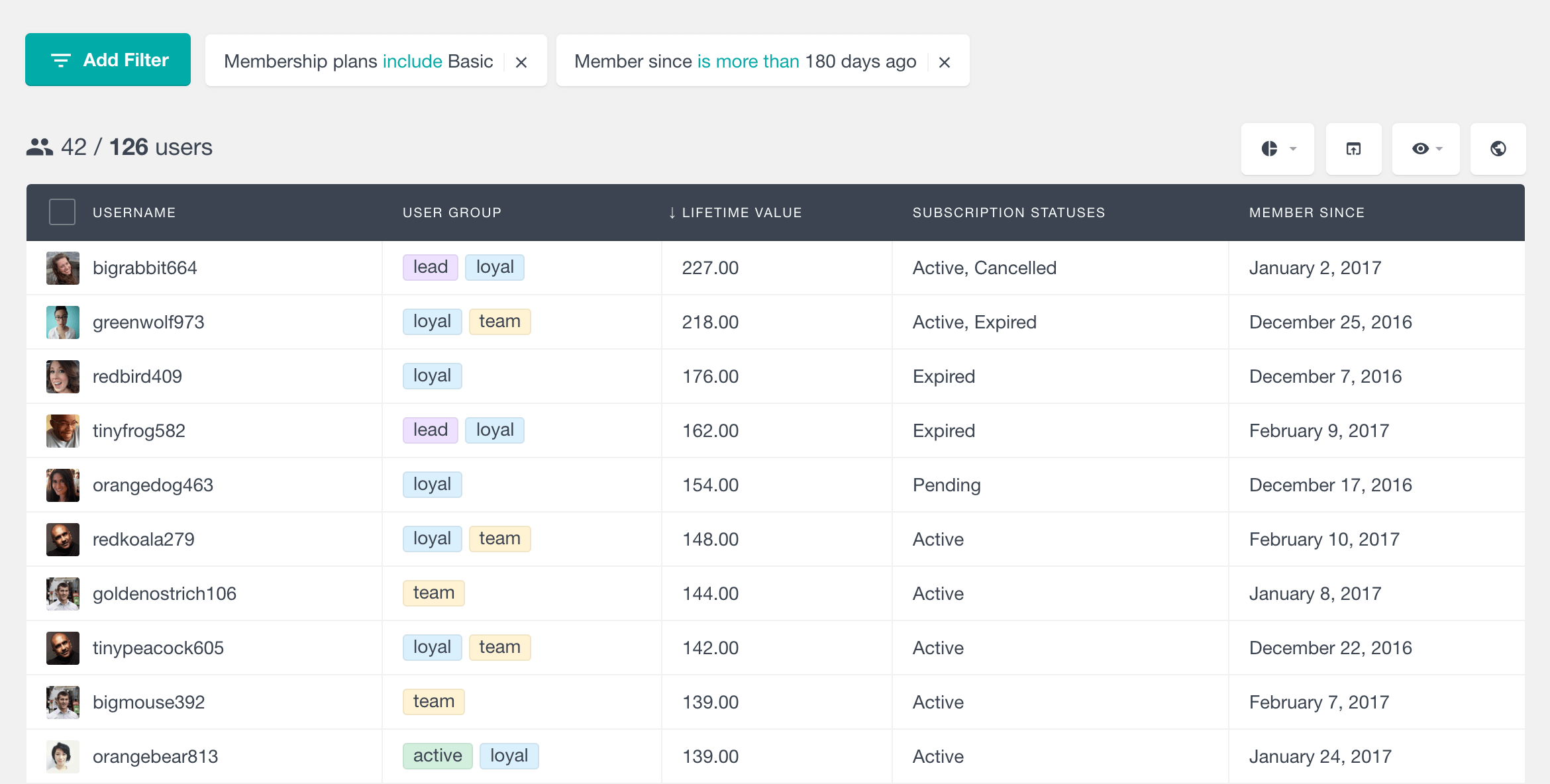 plan and member since filter