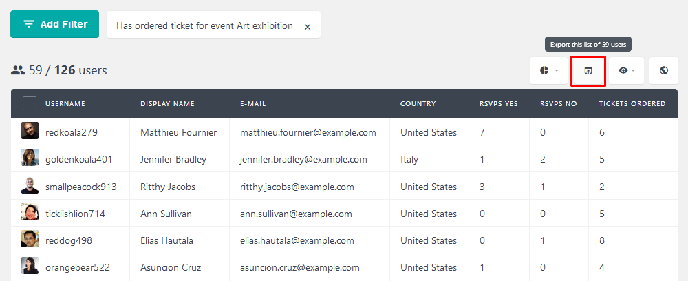 Export users who have ordered tickets