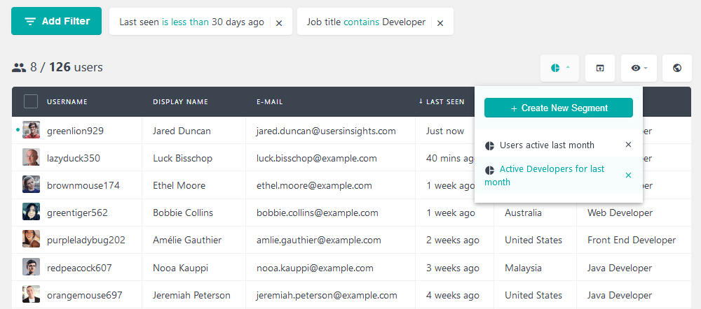 create filtered segments to quickly search users based on multiple criteria