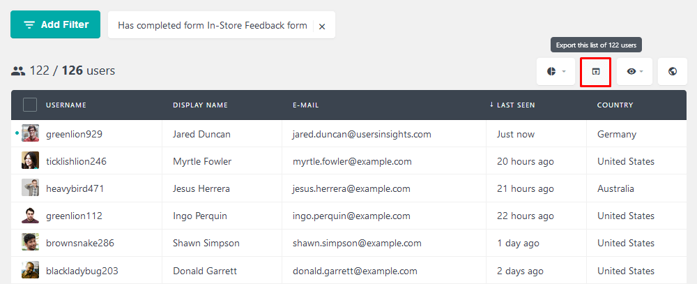 Export users who have sent feedback form