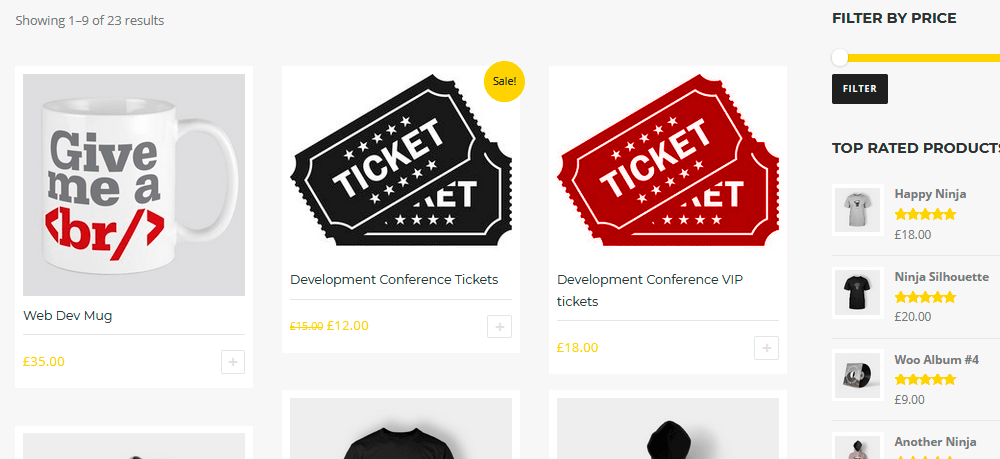 Shop page with products and tickets for WooCommerce sites