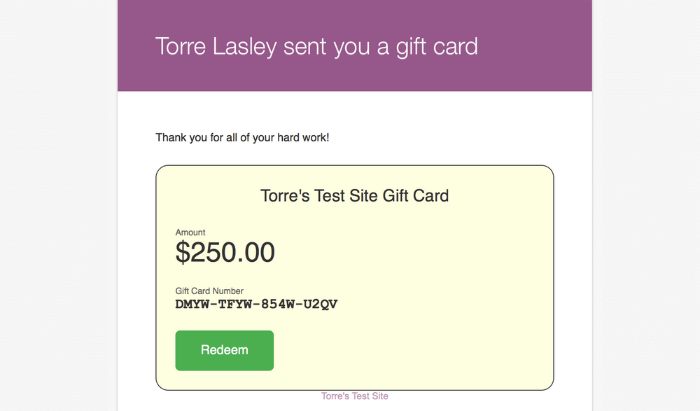 Gift card received by user