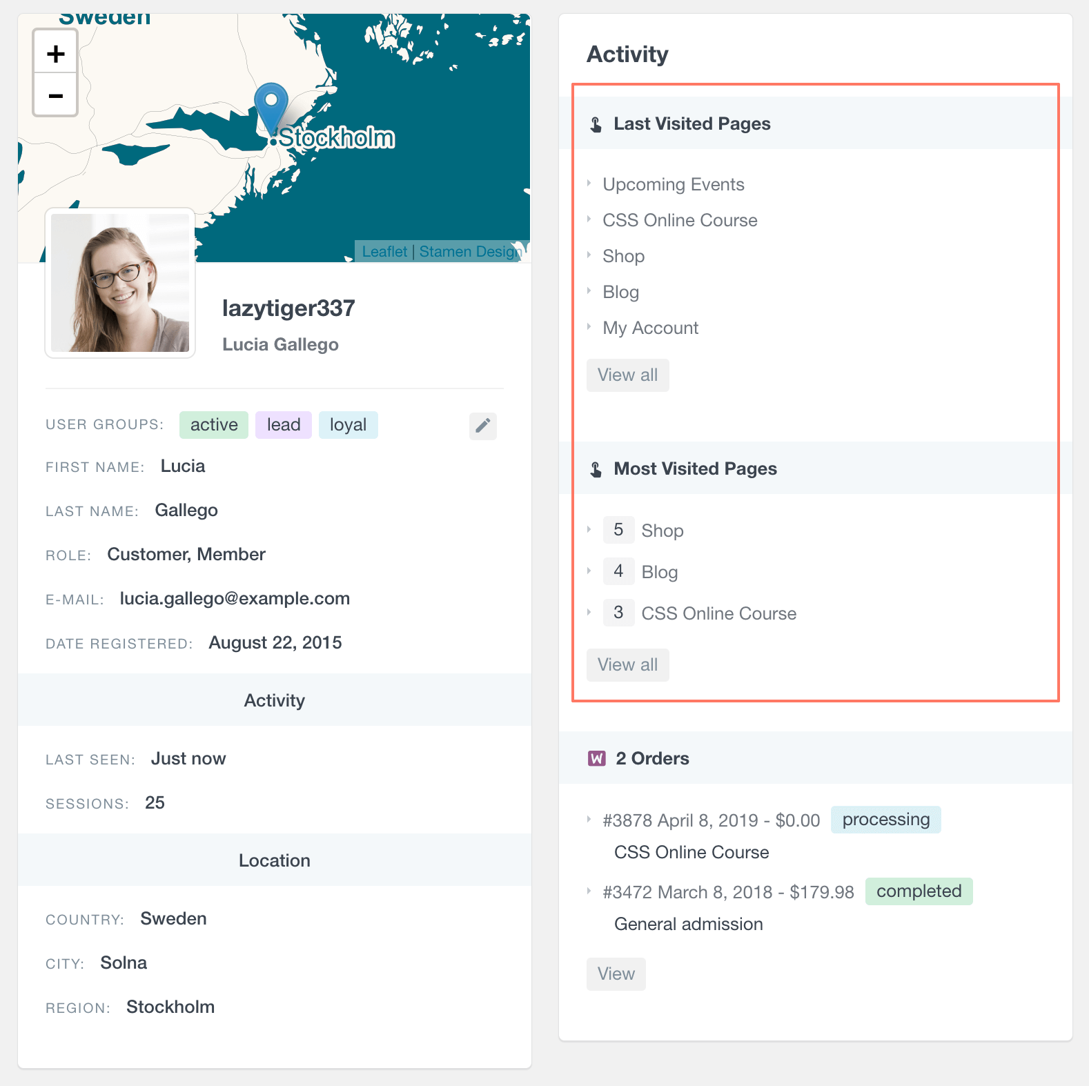 WordPress user visit tracking data