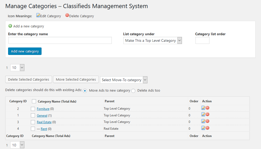 Manage classifieds ads categories