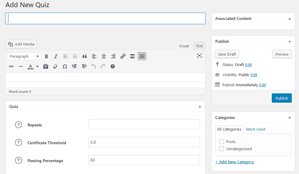 WordPress New quiz in Learndash