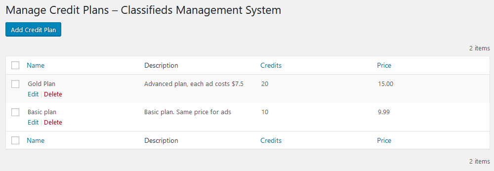 WordPress credit plans for classifieds ads site