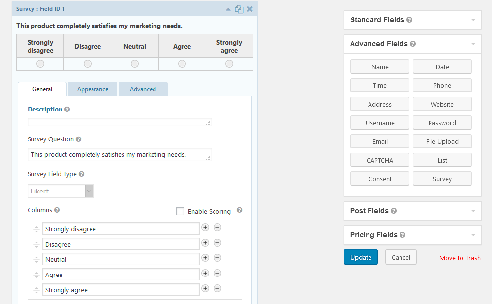 Likert custom field setup for surveys