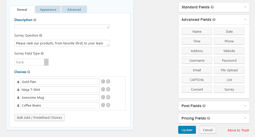 Setup rank fields for surveys