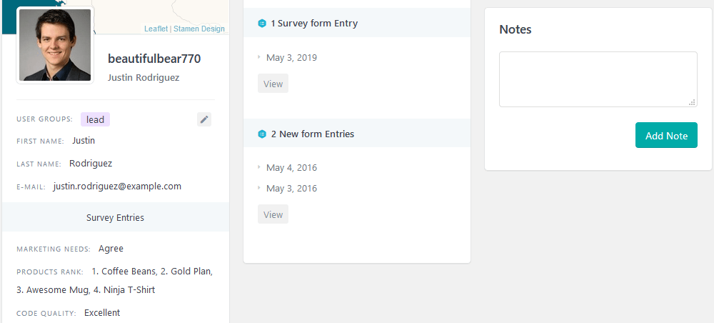 User Activity panel with custom fields