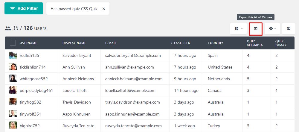 Export users who passed quiz