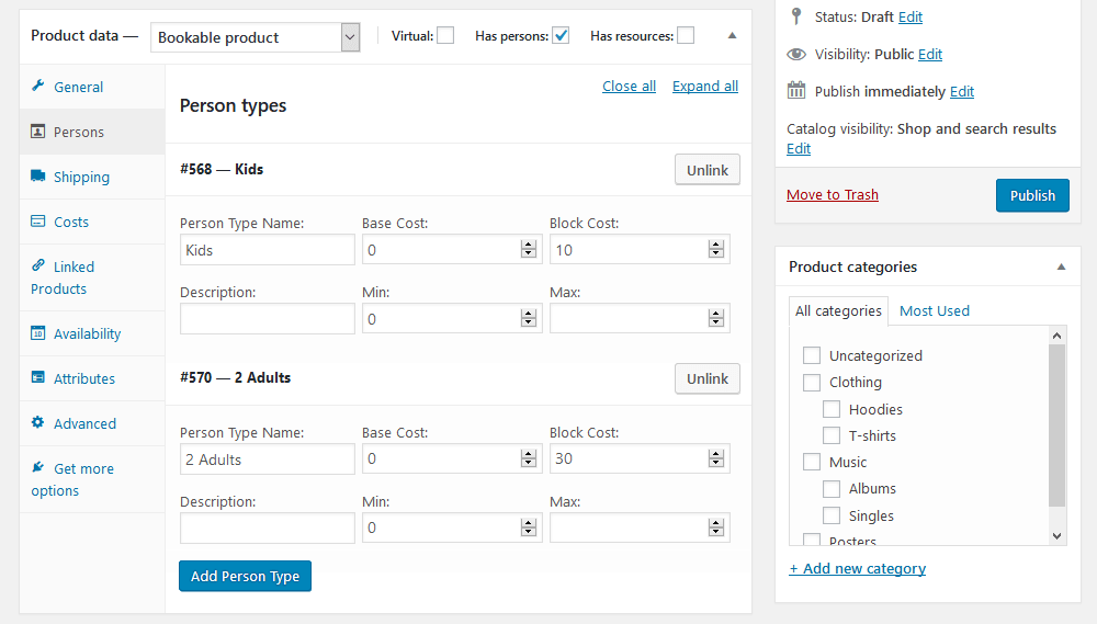 Different person types for bookable products