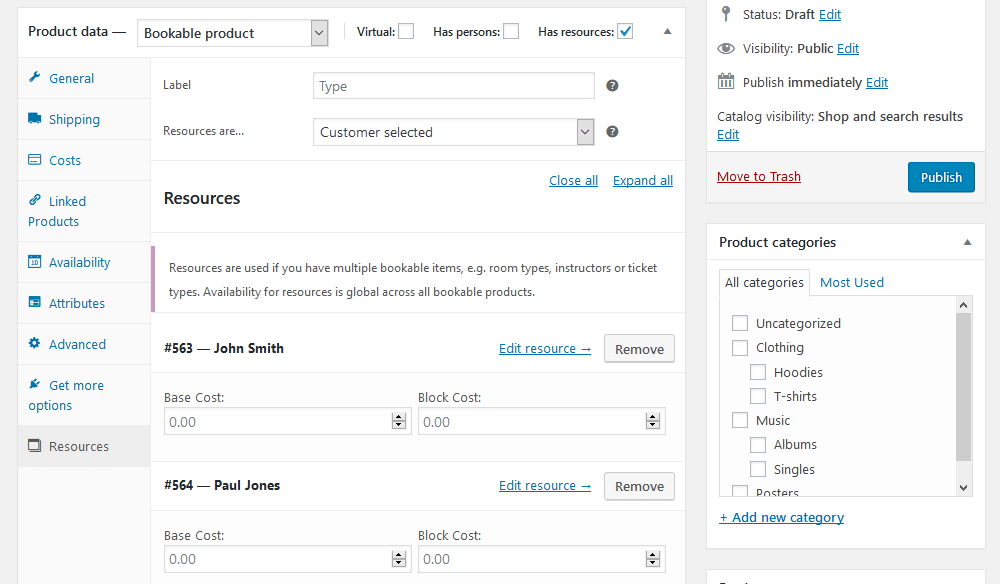 Manage resources in bookable products