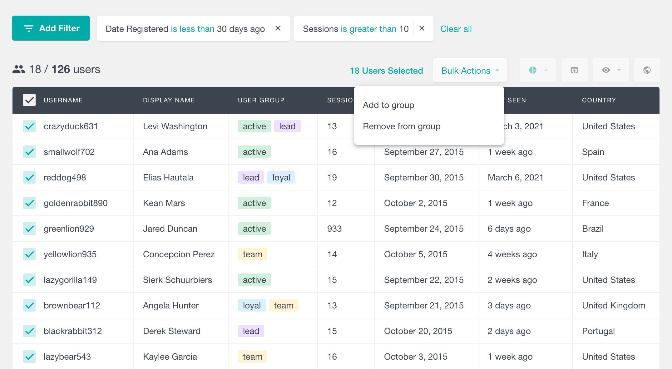 Addign recent and active users to a group