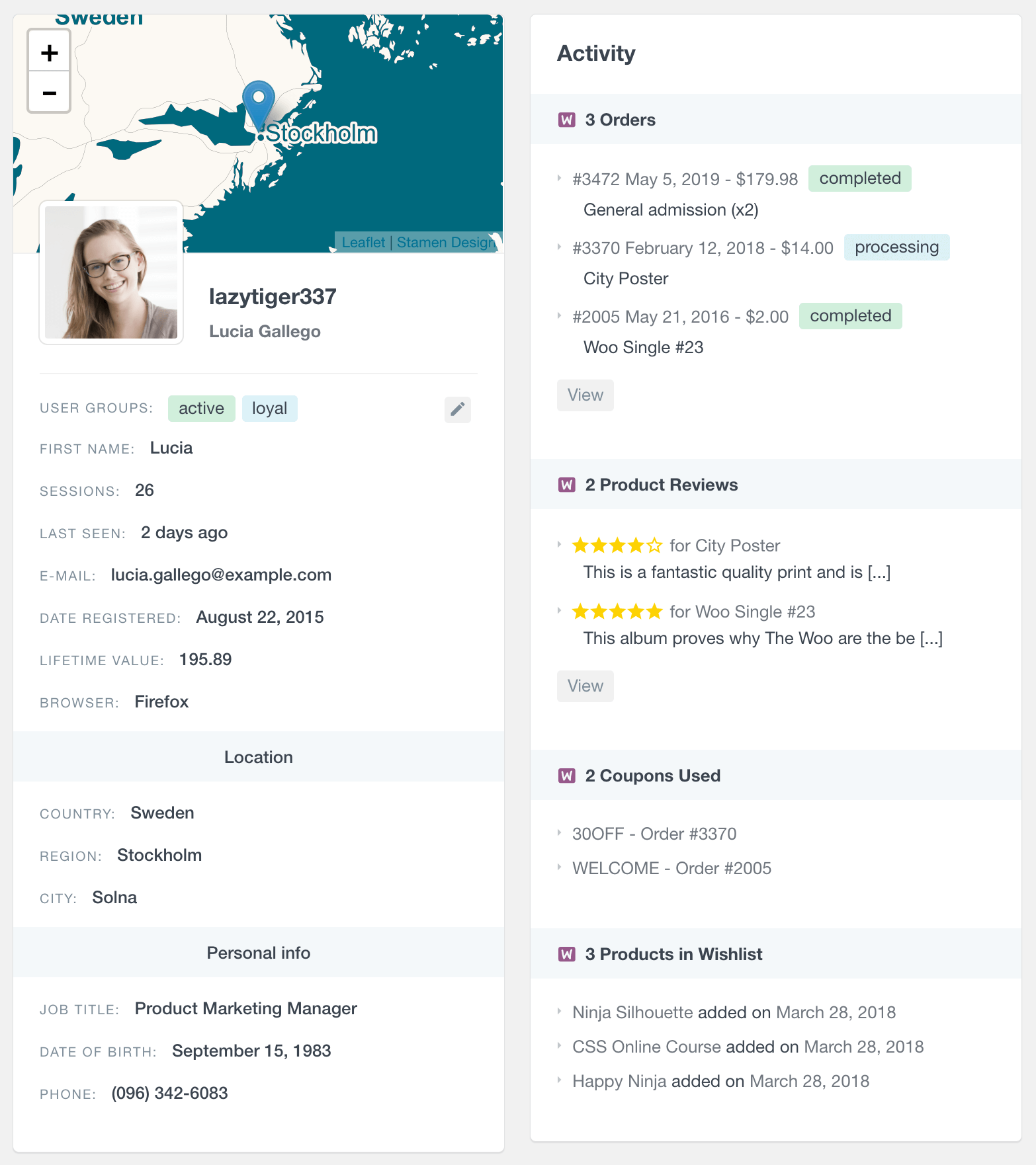 WooCommerce customer profile