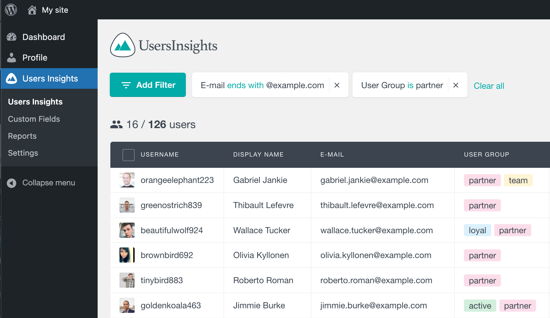 Users Insights filters