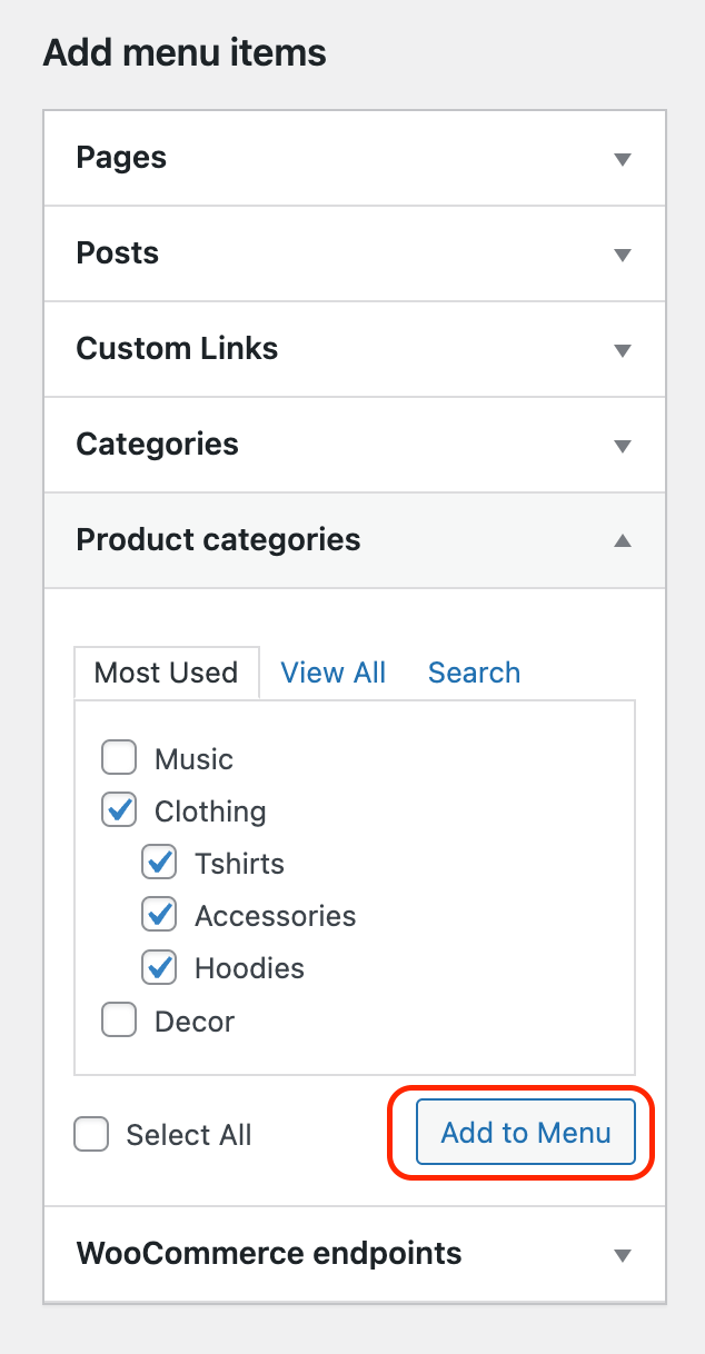 Add WooCommerce product categories to menu