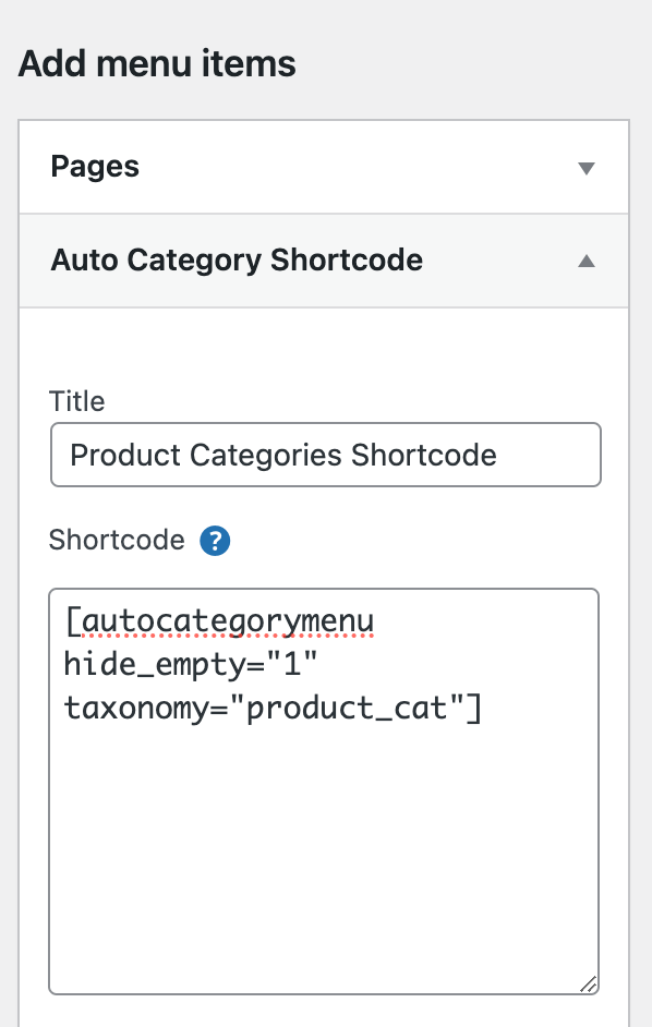 WooCommerce add categories to menu via shortcode