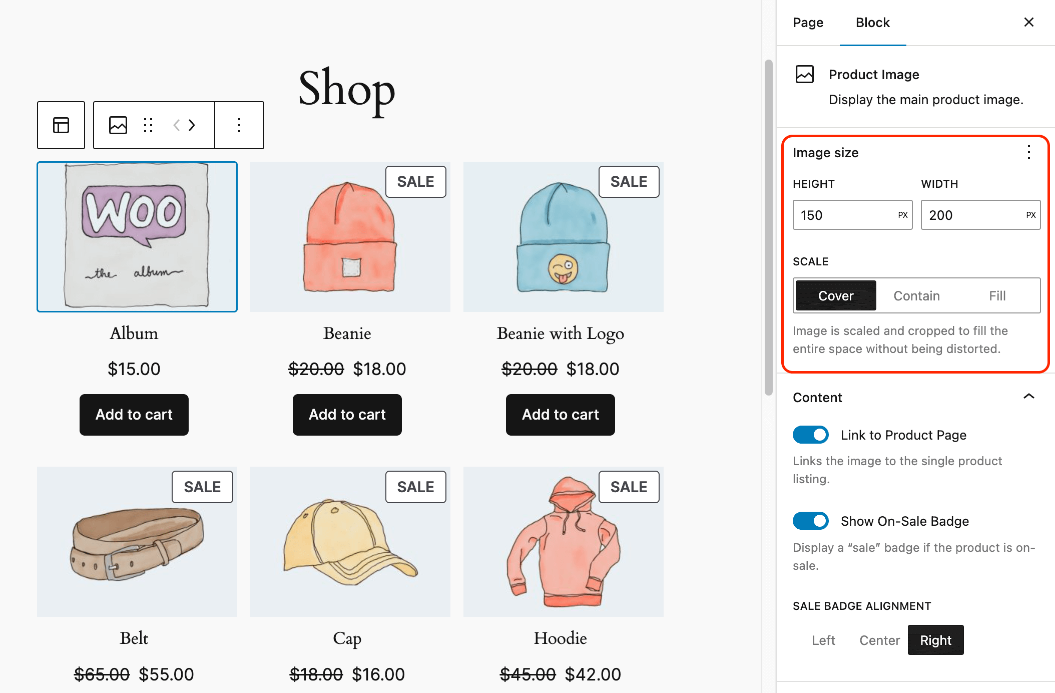 WooCommerce customize product image size in block