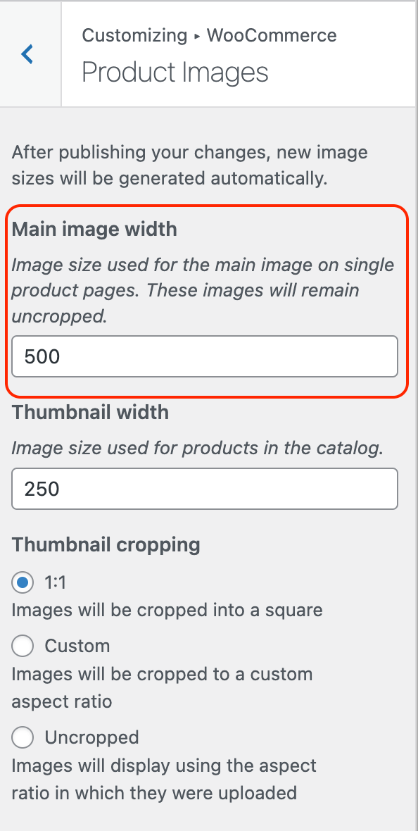 WooCommerce customize single product image size