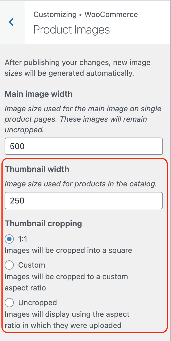 WooCommerce customize thumbnail image size