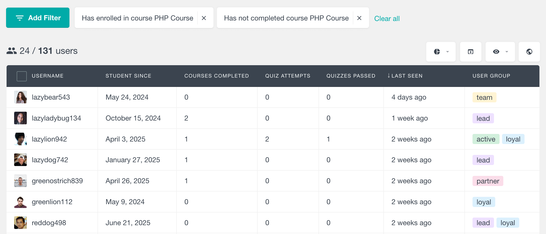 Tutor LMS filter user data