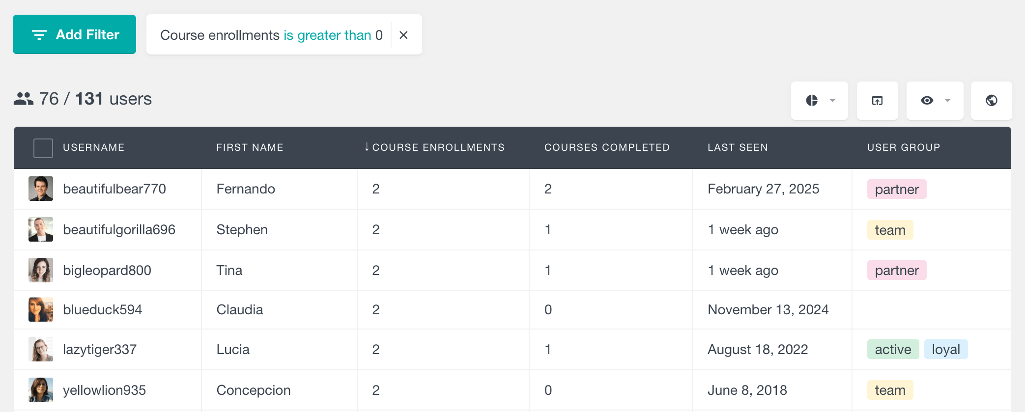 Tutor LMS filter users by course enrolments