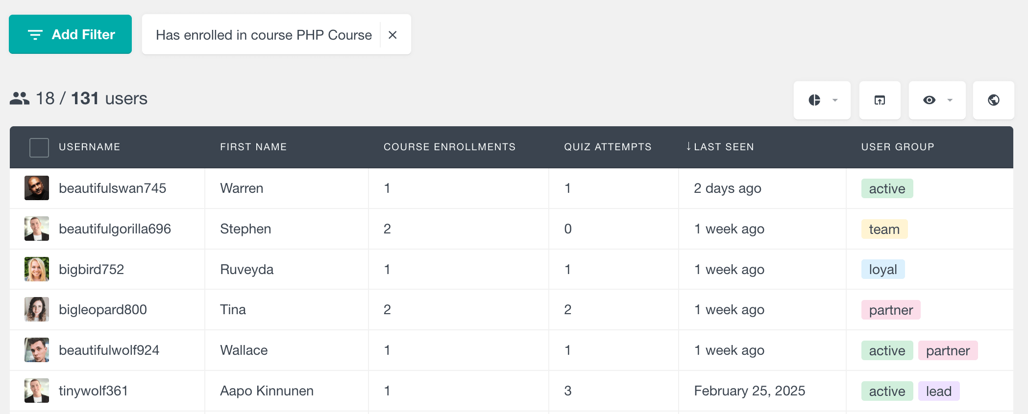 Tutor LMS has enrolled in course filter