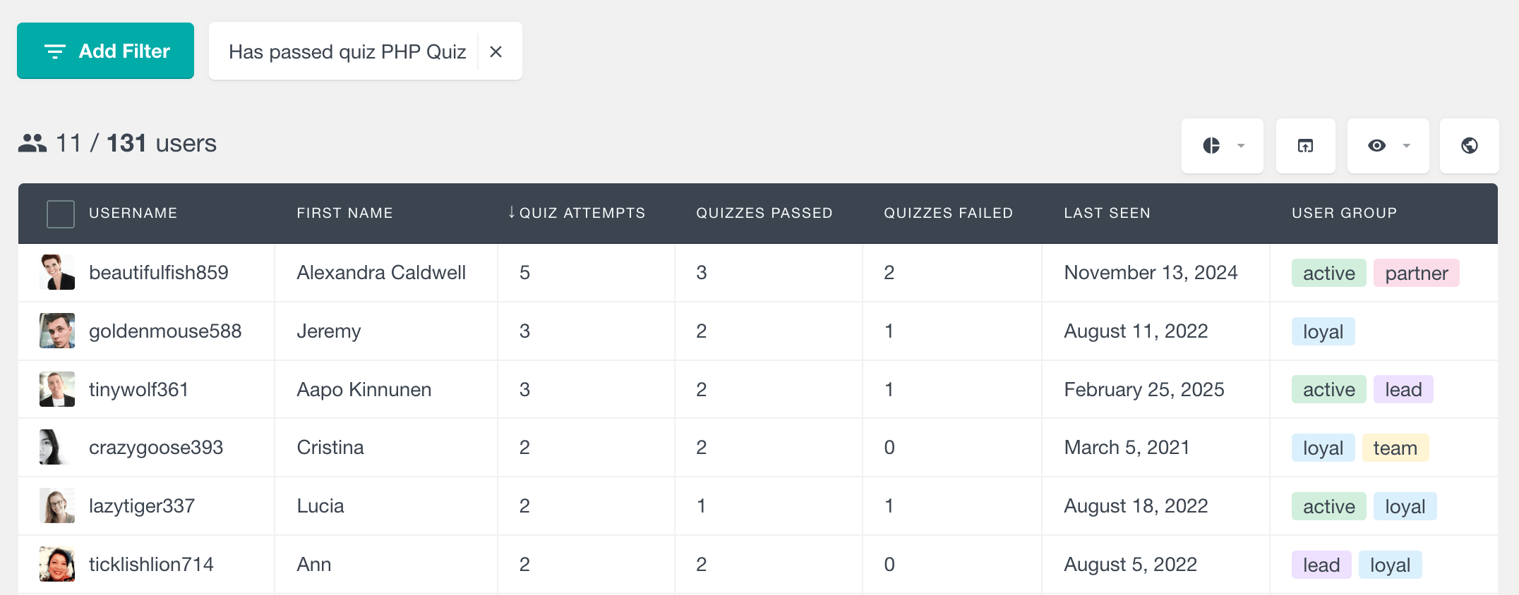 Tutor LMS has passed quiz filter