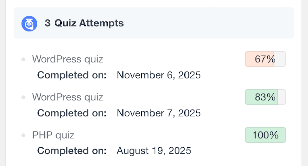Tutor LMS user profile quiz attempts activity