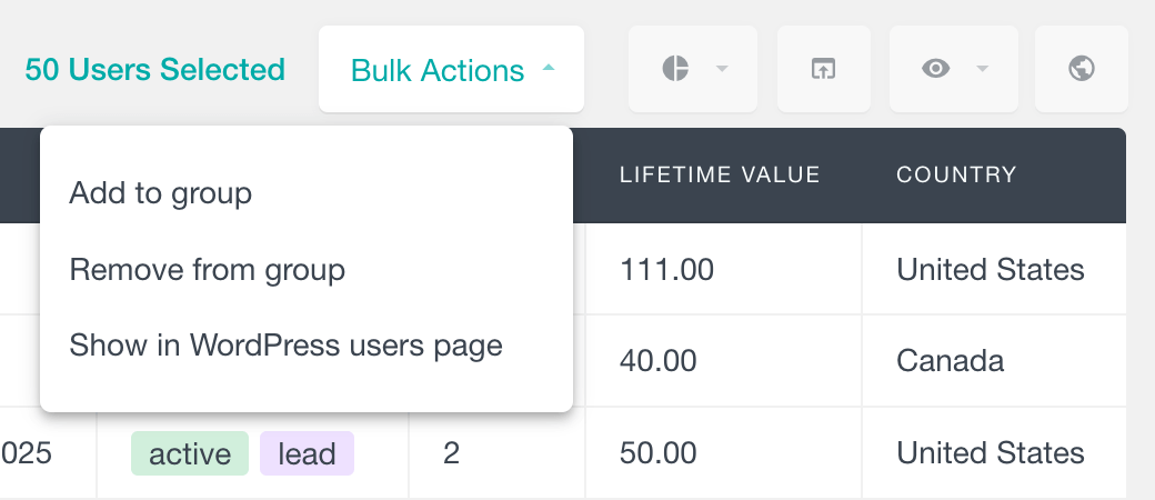 Users Insights bulk user actions